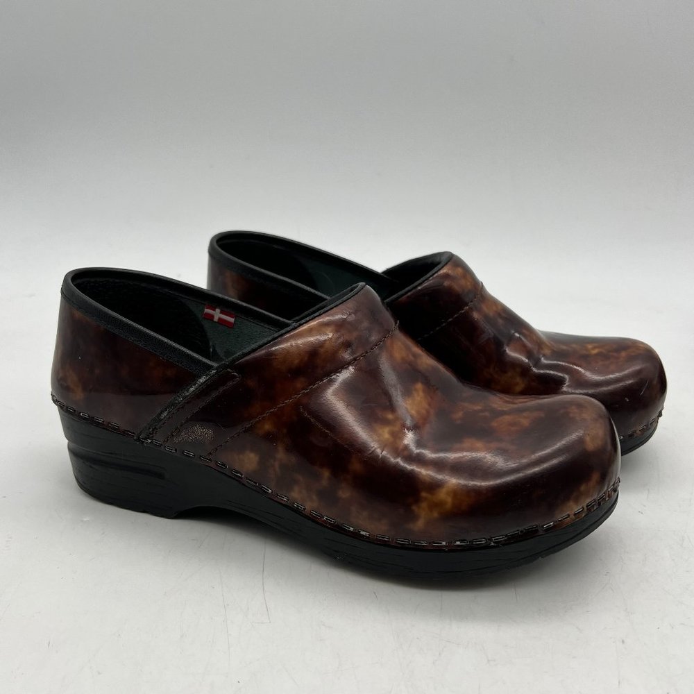 Sanita Professional Ariana Mule Clog Women 37 Brown Marbled Patent Leather Heels